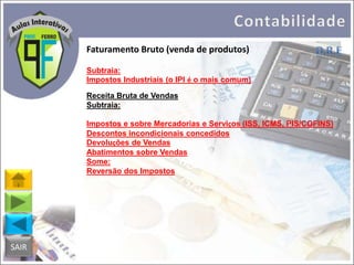 Faturamento Bruto (venda de produtos)
Subtraia:
Impostos Industriais (o IPI é o mais comum)
Receita Bruta de Vendas
Subtraia:
Impostos e sobre Mercadorias e Serviços (ISS, ICMS, PIS/COFINS)
Descontos incondicionais concedidos
Devoluções de Vendas
Abatimentos sobre Vendas
Some:
Reversão dos Impostos

SAIR

 