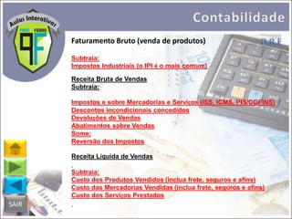 Faturamento Bruto (venda de produtos)
Subtraia:
Impostos Industriais (o IPI é o mais comum)
Receita Bruta de Vendas
Subtraia:
Impostos e sobre Mercadorias e Serviços (ISS, ICMS, PIS/COFINS)
Descontos incondicionais concedidos
Devoluções de Vendas
Abatimentos sobre Vendas
Some:
Reversão dos Impostos
Receita Líquida de Vendas
Subtraia:
Custo dos Produtos Vendidos (inclua frete, seguros e afins)
Custo das Mercadorias Vendidas (inclua frete, seguros e afins)
Custo dos Serviços Prestados

SAIR

 