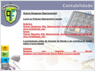 Outras Despesas Operacionais)
Lucro ou Prejuízo Operacional Líquido
Subtraia:
Outras Despesas Não Operacionais (inclua o custo de venda de
ativo imobilizado, etc)
Some:
Outras Receitas Não Operacionais (inclua a receita de venda de
ativo imobilizado, etc)
Lucro/prejuízo antes do Imposto de Renda e da contribuição social
sobre o lucro líquido
Subtraia
Despesa
com
Imposto
de
Despesa com Contribuição Social Sobre o Lucro Líquido

SAIR

Renda

 