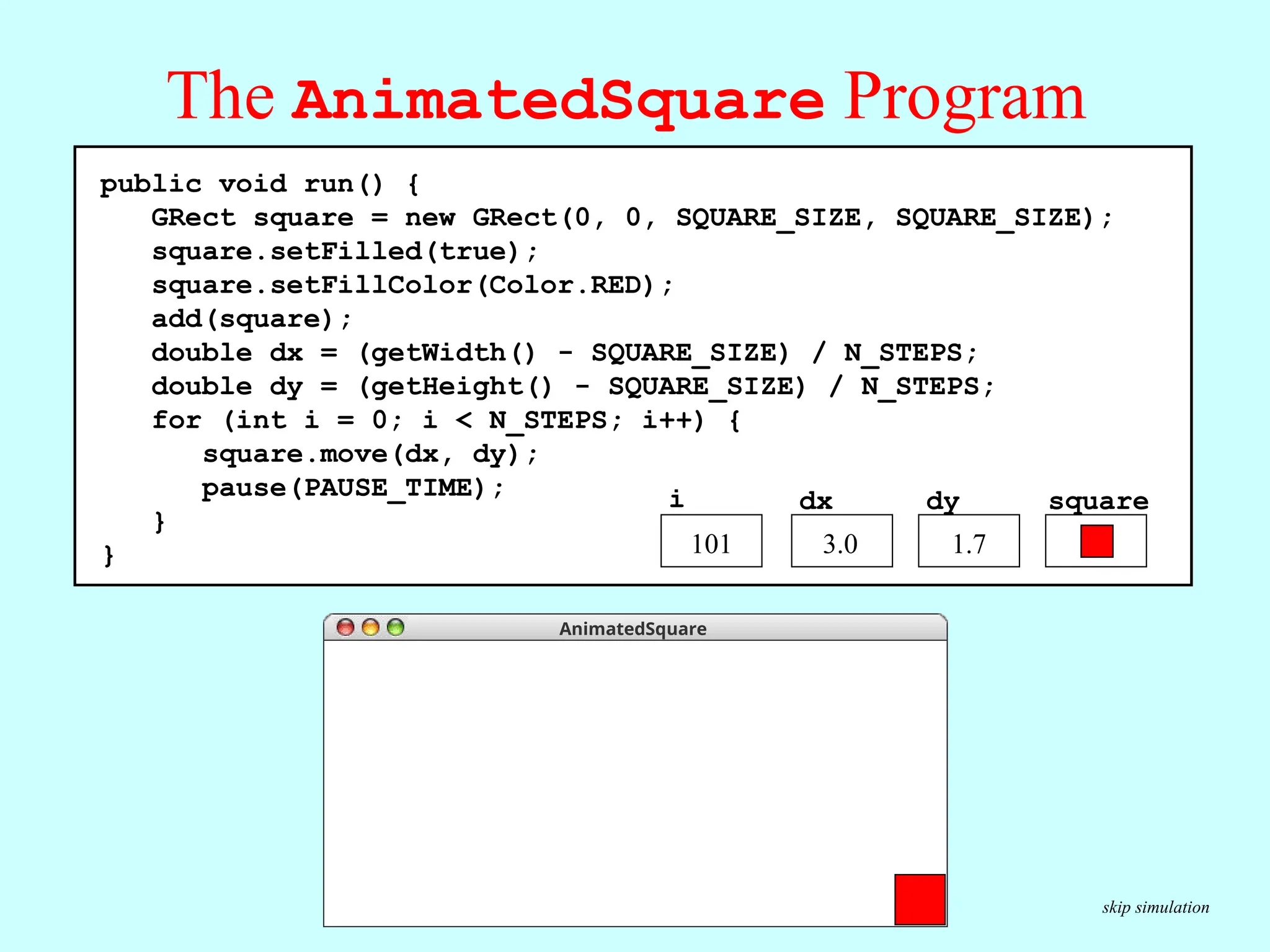 AnimatedSquare The AnimatedSquare Program public void run() { GRect square = new GRect(0, 0, SQUARE_SIZE, SQUARE_SIZE); square.setFilled(true); square.setFillColor(Color.RED); add(square); double dx = (getWidth() - SQUARE_SIZE) / N_STEPS; double dy = (getHeight() - SQUARE_SIZE) / N_STEPS; for (int i = 0; i < N_STEPS; i++) { square.move(dx, dy); pause(PAUSE_TIME); } } square dy dx 3.0 1.7 AnimatedSquare skip simulation i public void run() { GRect square = new GRect(0, 0, SQUARE_SIZE, SQUARE_SIZE); square.setFilled(true); square.setFillColor(Color.RED); add(square); double dx = (getWidth() - SQUARE_SIZE) / N_STEPS; double dy = (getHeight() - SQUARE_SIZE) / N_STEPS; for (int i = 0; i < N_STEPS; i++) { square.move(dx, dy); pause(PAUSE_TIME); } } square dy dx 3.0 1.7 AnimatedSquare i 101 
