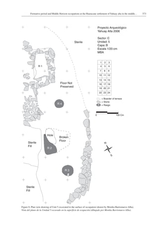 573Formative period and Middle Horizon occupations at the Huaracane settlement of Yahuay alta in the middle…
Figure 8. Plan view drawing of Unit 5 excavated to the surface of occupation (drawn by Monika Barrionuevo Alba).
Vista del plano de la Unidad 5 excavado en la superficie de ocupación (dibujado por Monika Barrionuevo Alba).
 