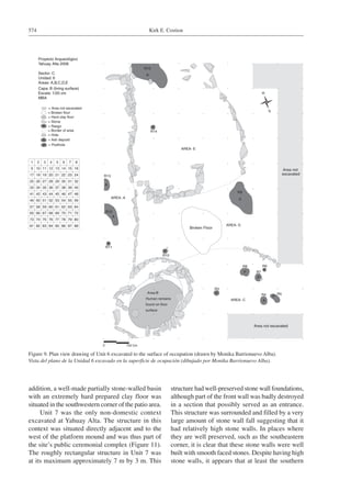 Kirk E. Costion574
addition, a well-made partially stone-walled basin
with an extremely hard prepared clay floor was
situated in the southwestern corner of the patio area.
Unit 7 was the only non-domestic context
excavated at Yahuay Alta. The structure in this
context was situated directly adjacent and to the
west of the platform mound and was thus part of
the site’s public ceremonial complex (Figure 11).
The roughly rectangular structure in Unit 7 was
at its maximum approximately 7 m by 3 m. This
structure had well-preserved stone wall foundations,
although part of the front wall was badly destroyed
in a section that possibly served as an entrance.
This structure was surrounded and filled by a very
large amount of stone wall fall suggesting that it
had relatively high stone walls. In places where
they are well preserved, such as the southeastern
corner, it is clear that these stone walls were well
built with smooth faced stones. Despite having high
stone walls, it appears that at least the southern
Figure 9. Plan view drawing of Unit 6 excavated to the surface of occupation (drawn by Monika Barrionuevo Alba).
Vista del plano de la Unidad 6 excavado en la superficie de ocupación (dibujado por Monika Barrionuevo Alba).
 