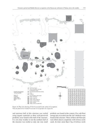 575Formative period and Middle Horizon occupations at the Huaracane settlement of Yahuay alta in the middle…
and narrower half of this structure was roofed
using organic materials as three well-preserved
postholes were found in this half of the structure.
It is not clear weather or not the northern half of
the structure was roofed as only one very small
posthole was found in this context. Five sub-floor
storage pits excavated into the site’s bedrock were
found in this structure. Three of these sub-floor pits
were filled almost completely with Schinus molle
seeds. In total, more than 4 kg of Schinus molle
Figure 10. Plan view drawing of Unit 8 excavated to the surface of occupation.
Vista del plano de la Unidad 8 excavado en la superficie de ocupación.
 