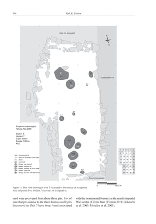 Kirk E. Costion576
Figure 11. Plan view drawing of Unit 7 excavated to the surface of occupation.
Vista del plano de la Unidad 7 excavado en la superficie.
seed were recovered from these three pits. It is of
note that pits similar to the three Schinus molle pits
discovered in Unit 7 have been found associated
with the monumental brewery at the nearby imperial
Wari center of Cerro Baúl (Costion 2012; Goldstein
et al. 2009; Moseley et al. 2005).
 