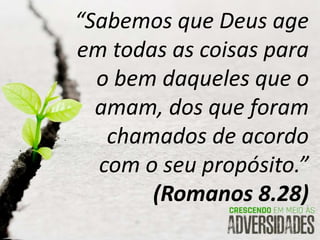 “Sabemos que Deus age
em todas as coisas para
o bem daqueles que o
amam, dos que foram
chamados de acordo
com o seu propósito.”
(Romanos 8.28)
 
