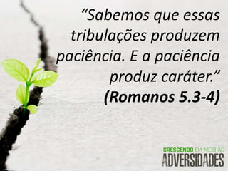 “Sabemos que essas
tribulações produzem
paciência. E a paciência
produz caráter.”
(Romanos 5.3-4)
 