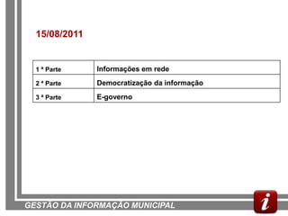 15/08/2011


  1 ª Parte    Informações em rede
  2 ª Parte    Democratização da informação
  3 ª Parte    E-governo




GESTÃO DA INFORMAÇÃO MUNICIPAL
 