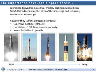 T h e i m p o r t a n c e o f nd UKu s a bPropulsion c e a c c e s s …
2 r e Space l e S p a Workshop
Launchers derived from cold war military technology have been
faithful friends enabling the birth of the Space age and returning
services and knowledge.
However they suffer significant drawbacks:
▪ Expensive & labour intensive
▪ Unreliable – 1/50 failure rate historically
▪ Now a limitation to growth

1957

Today
HUB:BLE 2 Boosting Local Enterprise – 17th October 2013

4

 