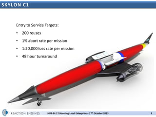 SKYLON C1

Entry to Service Targets:
• 200 reuses
• 1% abort rate per mission
• 1:20,000 loss rate per mission
• 48 hour turnaround

HUB:BLE 2 Boosting Local Enterprise – 17th October 2013

9

 