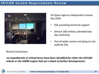 SKYL
TITLEO N S y s t e m R e q u i r e m e n t s R e v i e w

UK Space Agency independent review
Sep 2010
• ESA providing technical support
• Almost 100 invitees attended two
day workshop
• Part of wider review including on site
audit by ESA
Review Conclusions
‘no impediments or critical items have been identified for either the SKYLON

vehicle or the SABRE engine that are a block to further developments’.

HUB:BLE 2 Boosting Local Enterprise – 17th October 2013

24

 