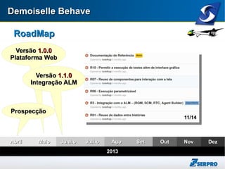 Demoiselle BehaveDemoiselle Behave
JulhoJulho AgoAgo SetSet OutOut NovNov DezDez
20132013
JunhoJunhoMaioMaioAbrilAbril
VersãoVersão 1.0.01.0.0
Plataforma WebPlataforma Web
RoadMapRoadMap
VersãoVersão 1.1.01.1.0
Integração ALMIntegração ALM
11/14
ProspecçãoProspecção
 