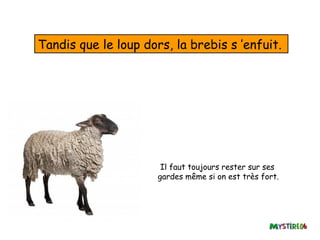 Tandis que le loup dors, la brebis s ’enfuit.




                       Il faut toujours rester sur ses
                      gardes même si on est très fort.
 