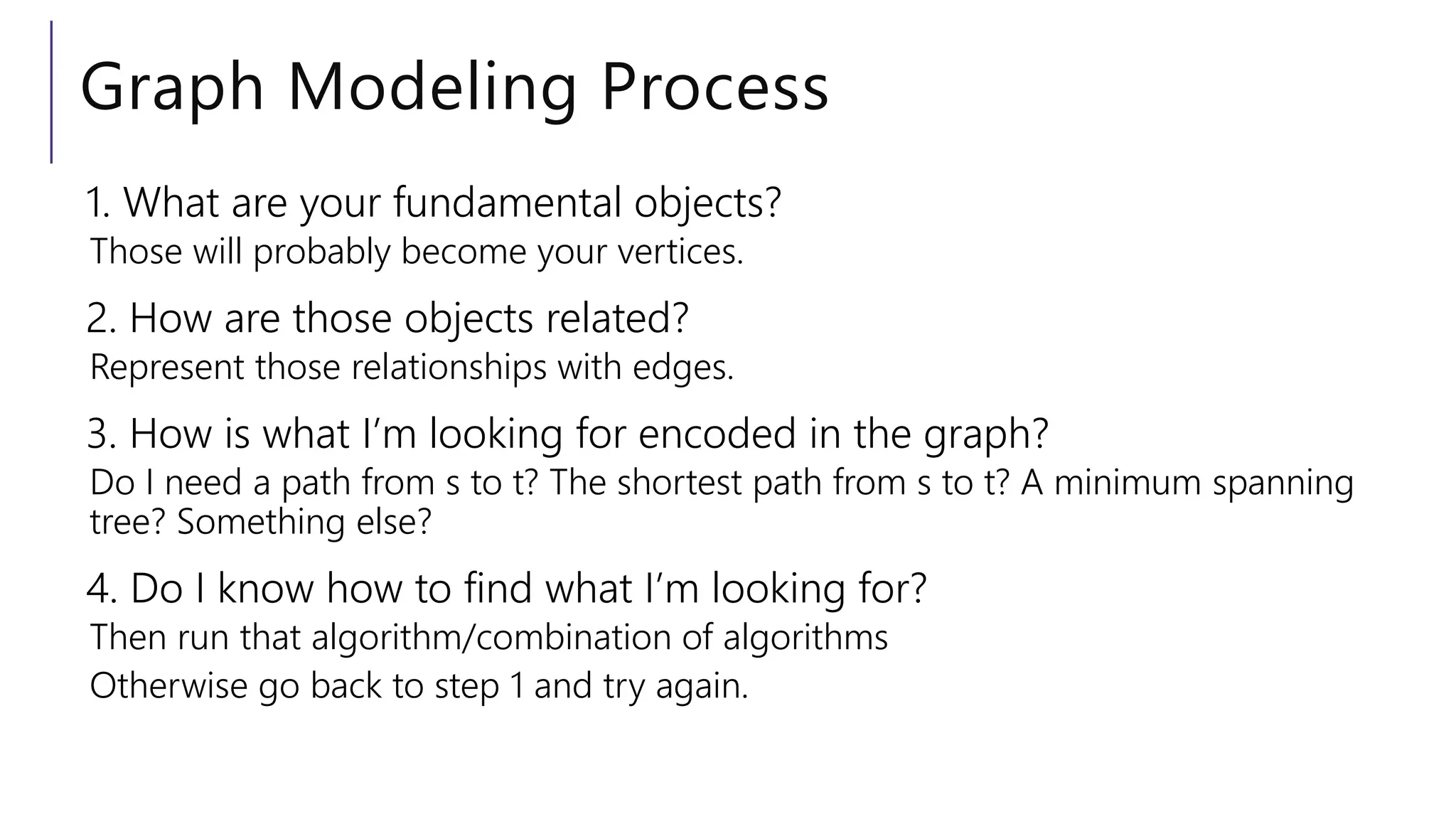 Graph Modeling Process
1. What are your fundamental objects?
Those will probably become your vertices.
2. How are those objects related?
Represent those relationships with edges.
3. How is what I’m looking for encoded in the graph?
Do I need a path from s to t? The shortest path from s to t? A minimum spanning
tree? Something else?
4. Do I know how to find what I’m looking for?
Then run that algorithm/combination of algorithms
Otherwise go back to step 1 and try again.
 