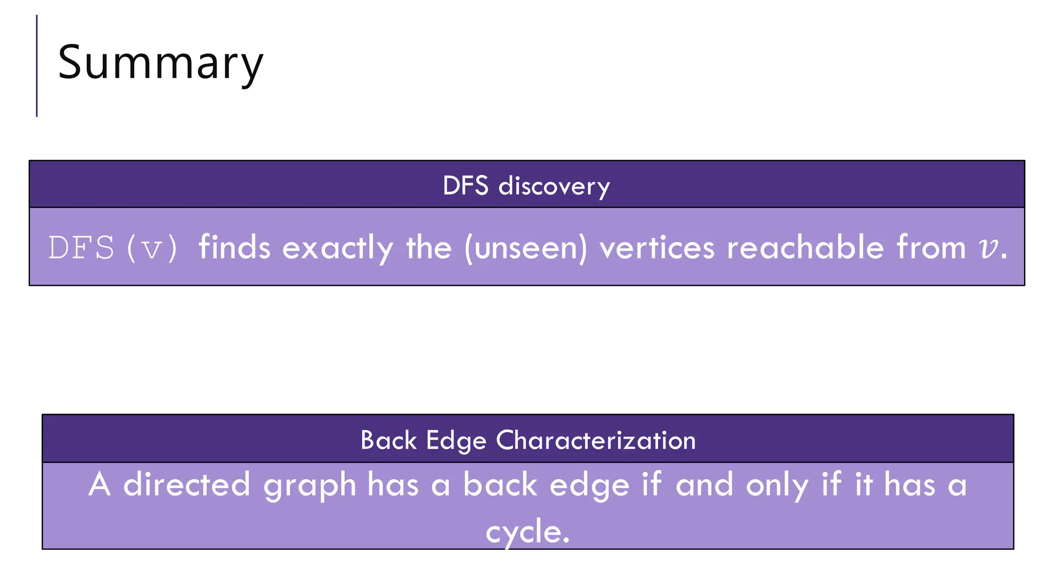 Summary
A directed graph has a back edge if and only if it has a
cycle.
Back Edge Characterization
DFS(v) finds exactly the (unseen) vertices reachable from 𝑣.
DFS discovery
 
