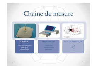 Chaine de mesure



   CAPTEUR,           SPECTROSCOPE      ANALYSE STATISTIQUE

Fibre biocompatible      Corps noir            ACP
     packaging         Interféromètre          PLS
    Connectique          Détecteur              …
 