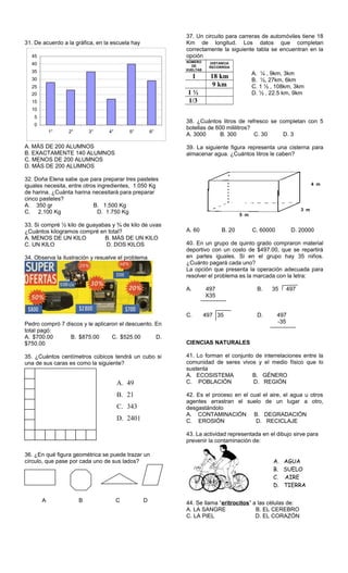 31. De acuerdo a la gráfica, en la escuela hay
0
5
10
15
20
25
30
35
40
45
1° 2° 3° 4° 5° 6°
A. MÁS DE 200 ALUMNOS
B. EXACTAMENTE 140 ALUMNOS
C. MENOS DE 200 ALUMNOS
D. MÁS DE 200 ALUMNOS
32. Doña Elena sabe que para preparar tres pasteles
iguales necesita, entre otros ingredientes, 1.050 Kg
de harina. ¿Cuánta harina necesitará para preparar
cinco pasteles?
A. 350 gr B. 1.500 Kg
C. 2.100 Kg D. 1.750 Kg
33. Si compré ½ kilo de guayabas y ¾ de kilo de uvas
¿Cuántos kilogramos compré en total?
A. MENOS DE UN KILO B. MÁS DE UN KILO
C. UN KILO D. DOS KILOS
34. Observa la ilustración y resuelve el problema
Pedro compró 7 discos y le aplicaron el descuento. En
total pagó:
A. $700.00 B. $875.00 C. $525.00 D.
$750.00
35. ¿Cuántos centímetros cúbicos tendrá un cubo si
una de sus caras es como la siguiente?
36. ¿En qué figura geométrica se puede trazar un
círculo, que pase por cada uno de sus lados?
A B C D
37. Un circuito para carreras de automóviles tiene 18
Km de longitud. Los datos que completan
correctamente la siguiente tabla se encuentran en la
opción
38. ¿Cuántos litros de refresco se completan con 5
botellas de 600 mililitros?
A. 3000 B. 300 C. 30 D. 3
39. La siguiente figura representa una cisterna para
almacenar agua. ¿Cuántos litros le caben?
A. 60 B. 20 C. 60000 D. 20000
40. En un grupo de quinto grado compraron material
deportivo con un costo de $497.00, que se repartirá
en partes iguales. Si en el grupo hay 35 niños.
¿Cuánto pagará cada uno?
La opción que presenta la operación adecuada para
resolver el problema es la marcada con la letra:
A. 497
X35
B. 35 497
C. 497 35 D. 497
-35
CIENCIAS NATURALES
41. Lo forman el conjunto de interrelaciones entre la
comunidad de seres vivos y el medio físico que lo
sustenta
A. ECOSISTEMA B. GÉNERO
C. POBLACIÓN D. REGIÓN
42. Es el proceso en el cual el aire, el agua u otros
agentes arrastran el suelo de un lugar a otro,
desgastándolo
A. CONTAMINACIÓN B. DEGRADACIÓN
C. EROSIÓN D. RECICLAJE
43. La actividad representada en el dibujo sirve para
prevenir la contaminación de:
44. Se llama “eritrocitos” a las células de:
A. LA SANGRE B. EL CEREBRO
C. LA PIEL D. EL CORAZÓN
A. AGUA
B. SUELO
C. AIRE
D. TIERRA
A. 49
B. 21
C. 343
D. 2401
NÚMERO
DE
VUELTAS
DISTANCIA
RECORRIDA
1 18 km
9 km
1 ½
1/3
A. ¼ , 9km, 3km
B. ½, 27km, 6km
C. 1 ½ , 108km, 3km
D. ½ , 22.5 km, 9km
5 m
3 m
4 m
 