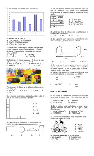 31. De acuerdo a la gráfica, en la escuela hay
0
5
10
15
20
25
30
35
40
45
1° 2° 3° 4° 5° 6°
A. MÁS DE 200 ALUMNOS
B. EXACTAMENTE 140 ALUMNOS
C. MENOS DE 200 ALUMNOS
D. MÁS DE 200 ALUMNOS
32. Doña Elena sabe que para preparar tres pasteles
iguales necesita, entre otros ingredientes, 1.050 Kg
de harina. ¿Cuánta harina necesitará para preparar
cinco pasteles?
A. 350 gr B. 1.500 Kg
C. 2.100 Kg D. 1.750 Kg
33. Si compré ½ kilo de guayabas y ¾ de kilo de uvas
¿Cuántos kilogramos compré en total?
A. MENOS DE UN KILO B. MÁS DE UN KILO
C. UN KILO D. DOS KILOS
34. Observa la ilustración y resuelve el problema
Pedro compró 7 discos y le aplicaron el descuento.
En total pagó:
A. $700.00 B. $875.00 C. $525.00 D.
$750.00
35. ¿Cuántos centímetros cúbicos tendrá un cubo si
una de sus caras es como la siguiente?
36. ¿En qué figura geométrica se puede trazar un
círculo, que pase por cada uno de sus lados?
A B C D
37. Un circuito para carreras de automóviles tiene 18
Km de longitud. Los datos que completan
correctamente la siguiente tabla se encuentran en la
opción
38. ¿Cuántos litros de refresco se completan con 5
botellas de 600 mililitros?
A. 3000 B. 300 C. 30 D. 3
39. La siguiente figura representa una cisterna para
almacenar agua. ¿Cuántos litros le caben?
A. 60 B. 20 C. 60000 D. 20000
40. En un grupo de quinto grado compraron material
deportivo con un costo de $497.00, que se repartirá
en partes iguales. Si en el grupo hay 35 niños.
¿Cuánto pagará cada uno?
La opción que presenta la operación adecuada para
resolver el problema es la marcada con la letra:
A. 497
X35
B. 35 497
C. 497 35 D. 497
-35
CIENCIAS NATURALES
41. Lo forman el conjunto de interrelaciones entre la
comunidad de seres vivos y el medio físico que lo
sustenta
A. ECOSISTEMA B. GÉNERO
C. POBLACIÓN D. REGIÓN
42. Es el proceso en el cual el aire, el agua u otros
agentes arrastran el suelo de un lugar a otro,
desgastándolo
A. CONTAMINACIÓN B. DEGRADACIÓN
C. EROSIÓN D. RECICLAJE
43. La actividad representada en el dibujo sirve para
prevenir la contaminación de:
44. Se llama “eritrocitos” a las células de:
A. LA SANGRE B. EL CEREBRO
C. LA PIEL D. EL CORAZÓN
A. AGUA
B. SUELO
C. AIRE
D. TIERRA
A. 49
B. 21
C. 343
D. 2401
NÚMERO
DE
VUELTAS
DISTANCIA
RECORRIDA
1 18 km
9 km
1 ½
1/3
A. ¼ , 9km, 3km
B. ½, 27km, 6km
C. 1 ½ , 108km, 3km
D. ½ , 22.5 km, 9km
5 m
3 m
4 m
 