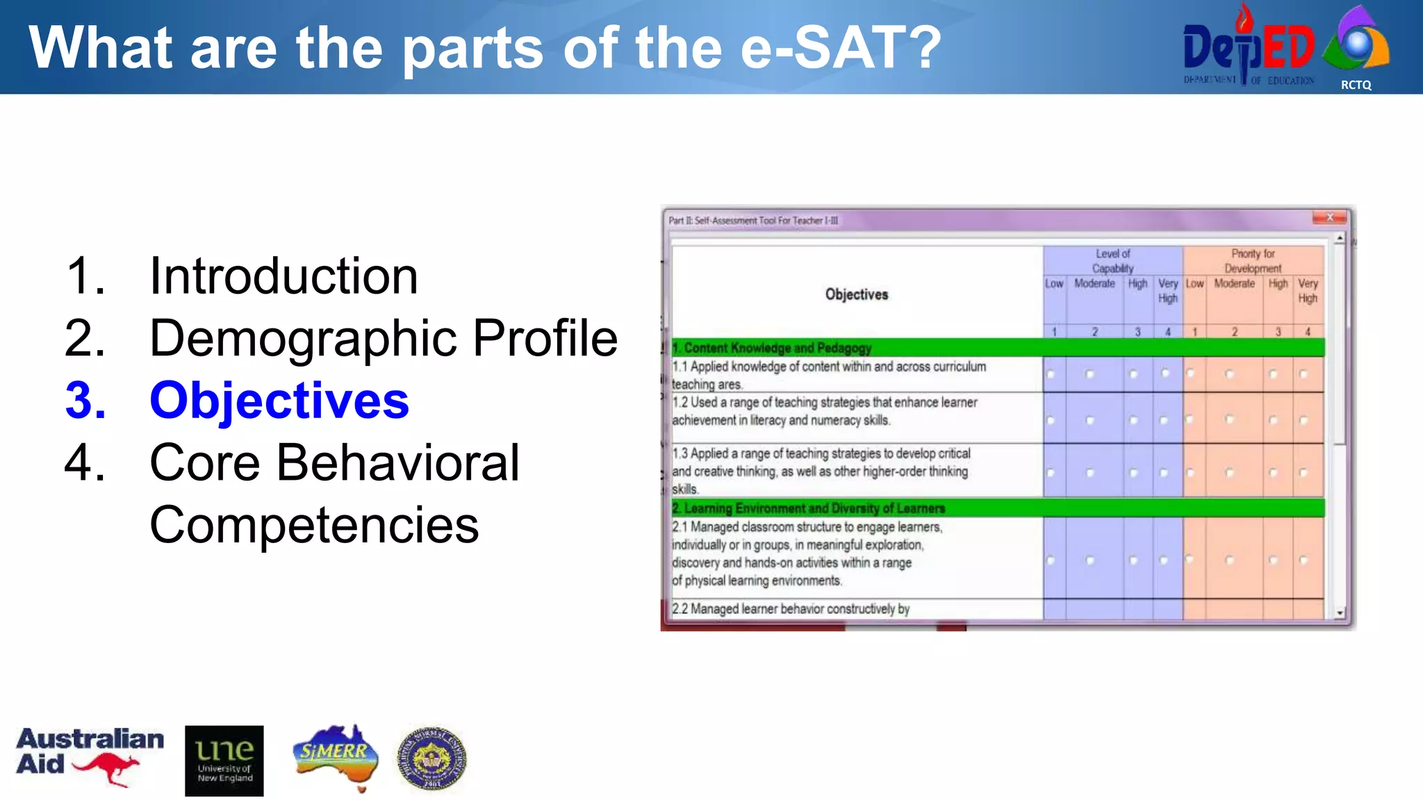 RCTQ
What are the parts of the e-SAT?
1. Introduction
2. Demographic Profile
3. Objectives
4. Core Behavioral
Competencies
 
