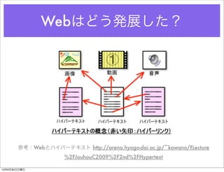 Webはどう発展した？
参考：Webとハイパーテキスト http://arena.hyogo-dai.ac.jp/~kawano/?Lecture
%2FJouhouC2009%2F2nd%2FHypertext
13年6月30日日曜日
 