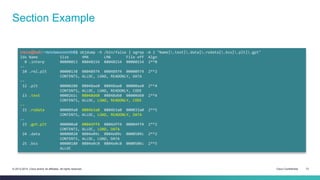 Section Example 
cisco@kali:~/src/seccon/ch6$ objdump -h /bin/false | egrep -A 1 "Name|.text|.data|.rodata|.bss|.plt|.gpt" 
Idx Name Size VMA LMA File off Algn 
0 .interp 00000013 08048154 08048154 00000154 2**0 
-- 
10 .rel.plt 00000138 08048974 08048974 00000974 2**2 
CONTENTS, ALLOC, LOAD, READONLY, DATA 
-- 
12 .plt 00000280 08048ae0 08048ae0 00000ae0 2**4 
CONTENTS, ALLOC, LOAD, READONLY, CODE 
13 .text 0000261c 08048d60 08048d60 00000d60 2**4 
CONTENTS, ALLOC, LOAD, READONLY, CODE 
-- 
15 .rodata 000009a0 0804b3a0 0804b3a0 000033a0 2**5 
CONTENTS, ALLOC, LOAD, READONLY, DATA 
-- 
23 .got.plt 000000a8 0804dff4 0804dff4 00004ff4 2**2 
CONTENTS, ALLOC, LOAD, DATA 
24 .data 00000020 0804e09c 0804e09c 0000509c 2**2 
CONTENTS, ALLOC, LOAD, DATA 
25 .bss 00000180 0804e0c0 0804e0c0 000050bc 2**5 
ALLOC 
© 2013-2014 Cisco and/or its affiliates. All rights reserved. Cisco Confidential 13 
 