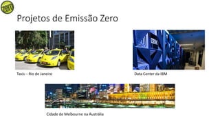Projetos de Emissão Zero
Taxis – Rio de Janeiro Data Center da IBM
Cidade de Melbourne na Austrália
 