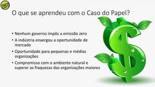 O que se aprendeu com o Caso do Papel?
• Nenhum governo impôs a emissão zero
• A indústria enxergou a oportunidade de
mercado
• Oportunidade para pequenas e médias
organizações
• Compromisso com o ambiente natural e
superar as fraquezas das organizações maiores
 