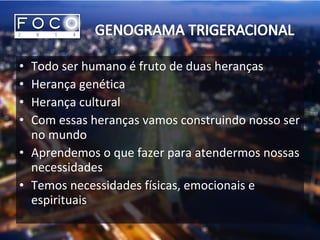 • Todo ser humano é fruto de duas heranças
• Herança genética
• Herança cultural
• Com essas heranças vamos construindo nosso ser
no mundo
• Aprendemos o que fazer para atendermos nossas
necessidades
• Temos necessidades físicas, emocionais e
espirituais
 