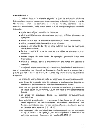 15
6. ARRANJO FÍSICO
O arranjo físico é a maneira segundo a qual se encontram dispostos
fisicamente os recursos que ocupam espaço dentro da instalação de uma operação.
Os recursos podem ser: escrivaninha, centro de trabalho, escritório, pessoa,
máquina, departamento, entre outros, sendo que os principais objetivos do arranjo
físico são:
● apoiar a estratégia competitiva da operação;
● eliminar atividades que não agreguem valor e/ou enfatizar atividades que
agreguem;
● minimizar os custos de manuseio e movimentação interna de materiais;
● utilizar o espaço físico disponível de forma eficiente;
● apoiar o uso eficiente da mão de obra, evitando que esta se movimente
desnecessariamente;
● facilitar comunicação entre as pessoas envolvidas na operação, quando
adequado;
● reduzir tempos de ciclo dentro da operação, garantindo fluxos mais
linearizados;
● facilitar a entrada, saída e movimentação dos fluxos de pessoas e
materiais.
O arranjo físico deve ser analisado por equipe multiprofissional e coordenado
por um especialista que discutirá as diversas opções de arranjo e apresentará o
projeto que melhor atende ao cliente, observando as posturas municipais, estaduais
e federais.
No projeto do arranjo físico, deverão ser observadas as seguintes exigências:
a) as áreas de circulação junto às máquinas e equipamentos deverão ser
demarcadas em conformidade com as normas técnicas oficiais;
b) as vias principais de circulação nos locais de trabalho e as que conduzem
às saídas devem ter, no mínimo, 1,20 m (um metro e vinte centímetros) de
largura;
c) as áreas de circulação devem ser mantidas permanentemente
desobstruídas;
d) os materiais em utilização no processo produtivo devem ser alocados em
áreas especificas de armazenamento, devidamente demarcadas com
faixas na cor indicada pelas normas técnicas oficiais ou sinalizadas quando
se tratar de áreas externas; (12.7 NR-12)
e) os espaços ao redor das máquinas e equipamentos devem ser adequados
ao tipo e ao modo de operação, de forma a prevenir a ocorrência de
acidentes e doenças relacionados ao trabalho; (12.8 NR-12)
 