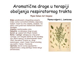 Aromatične droge u terapiji
oboljenja respiratornog trakta
Thymi folium-list timijana
Biljka: polužbunasta višegodišnja zeljasta
biljka. Listovi na kratkim drškama, naspramni,
kožasti. Cvasti na vrhu izdanka, izdužene. Svi
delovi cveta prekriveni mehaničkim dlakama i
žlezdama.
Stanište: mediteranska vrsta.
Nalazište: za dobijanje droge se gaji.
Koristi se: osušeni list (Thymi folium).
Berba i sastojci: sakuplja se u fazi pred
cvetanje. List timijana sadrži do 3% etarskog
ulja. Glavni sastojci su monoterpenski fenoli,
timol i karvakrol. Prisutni su i drugi
monoterpeni, cineol i linalol. Pored etarskog
ulja sadrži i tanine i flavonoide.
Upotreba: koristi se kao spazmolitik i
ekspektorans, a zbog sadržaja fenola deluje
antimikrobno.
Thymus vulgaris L., Lamiaceae
 