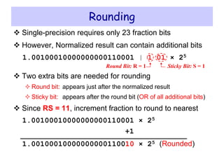Rounding
 Single-precision requires only 23 fraction bits
 However, Normalized result can contain additional bits
1.00100010000000000110001 | 1 01 × 25
 Two extra bits are needed for rounding
 Round bit: appears just after the normalized result
 Sticky bit: appears after the round bit (OR of all additional bits)
 Since RS = 11, increment fraction to round to nearest
1.00100010000000000110001 × 25
+1
1.00100010000000000110010 × 25 (Rounded)
Round Bit: R = 1 Sticky Bit: S = 1
 