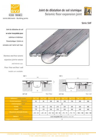 Joint de dilatation de sol sismique
                                                                     Seismic floor expansion joint

                                                                                                                                                   Série SVF

     Joint de dilatation de sol

    en acier inoxydable pour

         extérieur et intérieur.

     Parasismique. Existe en

versions sol / sol et sol / mur.




 Stainless steel floor seismic

  expansion joint for exterior

              and interior use.

  Floor / floor and floor / wall

        models are available.

                                   SVF 1                                                             SVF 2
                                                           B=S
                                                                                                                                       B=S
                                                                                           H




                                                                                                                                                                      H
                                                           w±
                                                                                                                          w±


                                                           Fb                                                             Fb


                                 sol / sol                                 floor / floor             sol / mur                                         floor / wall


            Référence / Profile number            SVF 1-05       SVF 2-05      SVF 1-10 SVF 2-10          SVF 1-15      SVF 2-15       SVF 1-20       SVF 2-20
           Fb [mm] ouverture / Gap up to              50             50            100         100            150          150               200         200
              H [mm] hauteur / Depth                                                                     25
                  B [mm] approx.                     170            125            250         210            320          305               420         408
                  S [mm] approx.                     170            125            250         210            320          305               420         408
          Mouvement admissible W [mm]
        Accomodation of movement W [mm]           + 25 / - 25    + 25 / - 25   + 50 / - 50 + 50 / - 50    + 75 / - 75   + 75 / - 75   + 100 / - 100 + 100 / - 100

                 Matière / Material                                                 acier inoxydable 304 / stainless steel 304
    Longueur standard [m] / Standard length [m]                                                           3




      - GV2/VEDA FRANCE - 52, avenue Marcel Paul - 93297 Tremblay en France Cedex - Tel : 33 (0)1 48 61 70 80 - Fax : 33 (0)1 48 61 70 81 -
                                       E-mail : contact@vedafrance.com - web : www.vedafrance.com
 