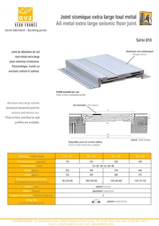 Joint sismique extra large tout métal
                                                  All metal extra large seismic floor joint


                                                                                                                                            Série 810

     Joint de dilatation de sol                                                                                                   Aluminium strié antidérapant
                                                                                                                                        Rough surface
         tout métal extra large
    pour extérieur et intérieur.
      Parasismique. Existe en
  versions sol/sol et sol/mur.




                                                  Profilé encastré sol / sol
                                                  Floor to floor embedded profile


 All metal extra large seismic
                                                                      Sur demande / On request
structural movement joint for
                                                                                                              S
     exterior and interior use.
Floor to floor and floor to wall




                                                                                                                                                          H
         profiles are available.                                                                             w±




                                                                                                              Fb
                                                                                                              B
                                                                                                                                      sol/sol - floor to floor
                                                              Disponible aussi en version sol/mur
                                                              Floor to wall model also available



            Référence / Profile number                   810 - 135                   810 - 210                       810 - 250              810 - 340

           Fb [mm] ouverture / Gap up to                   135                          210                              250                   340
              H [mm] hauteur / Depth                                                       43 / 48 / 58 / 63 / 68 / 88
                  B [mm] approx.                           255                          340                              370                   465
                  S [mm] approx.                           165                          250                              280                   375
          Mouvement admissible W [mm]
                                                        40 [-20+20]                 100 [-50+50]                   120 [-60+60]           150 [-75+75]
        Accomodation of movement W [mm]
                  Couleur / color                                                                naturel / natural
                 Matière / Material                                                        aluminium / aluminium
    Longueur standard [m] / Standard length [m]                                                         4
                  Charge [kN]
                                                                                                              piétons / pedestrians
            Load-bearing capacity [kN]




     - GV2/VEDA FRANCE - 52, avenue Marcel Paul - 93297 Tremblay en France Cedex - Tel : 33 (0)1 48 61 70 80 - Fax : 33 (0)1 48 61 70 81 -
                                      E-mail : contact@vedafrance.com - web : www.vedafrance.com
 
