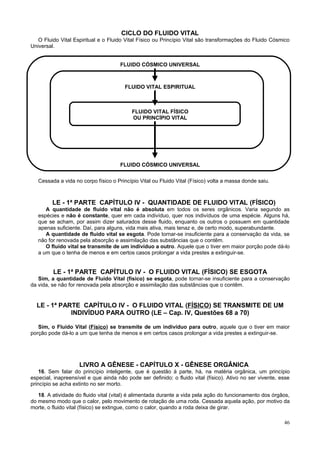 CICLO DO FLUIDO VITAL
   O Fluido Vital Espiritual e o Fluido Vital Físico ou Princípio Vital são transformações do Fluido Cósmico
Universal.


                                      FLUIDO CÓSMICO UNIVERSAL



                                        FLUIDO VITAL ESPIRITUAL



                                           FLUIDO VITAL FÍSICO
                                           OU PRINCÍPIO VITAL




                                      FLUIDO CÓSMICO UNIVERSAL

   Cessada a vida no corpo físico o Princípio Vital ou Fluido Vital (Físico) volta a massa donde saiu.



         LE - 1ª PARTE CAPÍTULO IV - QUANTIDADE DE FLUIDO VITAL (FÍSICO)
      A quantidade de fluido vital não é absoluta em todos os seres orgânicos. Varia segundo as
   espécies e não é constante, quer em cada indivíduo, quer nos indivíduos de uma espécie. Alguns há,
   que se acham, por assim dizer saturados desse fluido, enquanto os outros o possuem em quantidade
   apenas suficiente. Daí, para alguns, vida mais ativa, mais tenaz e, de certo modo, superabundante.
      A quantidade de fluido vital se esgota. Pode tornar-se insuficiente para a conservação da vida, se
   não for renovada pela absorção e assimilação das substâncias que o contêm.
      O fluido vital se transmite de um indivíduo a outro. Aquele que o tiver em maior porção pode dá-lo
   a um que o tenha de menos e em certos casos prolongar a vida prestes a extinguir-se.


         LE - 1ª PARTE CAPÍTULO IV - O FLUIDO VITAL (FÍSICO) SE ESGOTA
   Sim, a quantidade de Fluido Vital (físico) se esgota, pode tornar-se insuficiente para a conservação
da vida, se não for renovada pela absorção e assimilação das substâncias que o contêm.


  LE - 1ª PARTE CAPÍTULO IV - O FLUIDO VITAL (FÍSICO) SE TRANSMITE DE UM
             INDIVÍDUO PARA OUTRO (LE – Cap. IV, Questões 68 a 70)

   Sim, o Fluido Vital (Físico) se transmite de um indivíduo para outro, aquele que o tiver em maior
porção pode dá-lo a um que tenha de menos e em certos casos prolongar a vida prestes a extinguir-se.




                    LIVRO A GÊNESE - CAPÍTULO X - GÊNESE ORGÂNICA
    16. Sem falar do princípio inteligente, que é questão à parte, há, na matéria orgânica, um princípio
especial, inapreensível e que ainda não pode ser definido: o fluido vital (físico). Ativo no ser vivente, esse
princípio se acha extinto no ser morto.

   18. A atividade do fluido vital (vital) é alimentada durante a vida pela ação do funcionamento dos órgãos,
do mesmo modo que o calor, pelo movimento de rotação de uma roda. Cessada aquela ação, por motivo da
morte, o fluido vital (físico) se extingue, como o calor, quando a roda deixa de girar.

                                                                                                           46
 