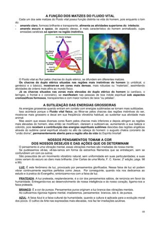 A FUNÇÃO DOS MATIZES DO FLUIDO VITAL
   Cada um dos sete matizes do Fluido vital possui função distinta na vida do homem, pois enquanto o tom
do:
- amarelo claro, formoso brilhante e transparente, alimenta as atividades superiores do intelecto.
- amarelo escuro e opaco, de aspecto oleoso, é mais característico do homem animalizado, cujas
    emissões cerebrais só operam na região instintiva.




    O Fluido vital ao fluir pelos chacras do duplo etérico, se difundem em diferentes matizes.
    Os chacras do duplo etérico situadas nas regiões mais instintivas do homem (o umbilical, o
genésico e o básico), mostram-se em cores mais densas, mais robustas ou “materiais”, assimilando
atividades de ordens mais afins ao mundo físico.
    Já os chacras situados nas zonas mais elevadas do duplo etérico do homem (o cardíaco, o
laríngeo, o frontal e o coronário), se manifestam nas pessoas de boa índole espiritual sob aspectos
cromosóficos formosos, transparentes e com maior número de raios “ou pétalas”.

                       A SUTILIZAÇÃO DAS ENERGIAS GROSSEIRAS
   As energias grosseiras quando entram em contato com energias sublimadas se tornam mais sutilizadas.
   Isso acontece porque o Fluido vital físico, ao filtrar-se pelos chacras das regiões instintivas do ser,
mostra-se mais grosseiro e decai em sua freqüência vibratória habitual, ao sustentar sua atividade mais
animal.
   Mas assim que essas diversas cores fluem pelos chacras mais inferiores e depois atingem as regiões
mais elevadas do homem, elas então se modificam, clareiam e sutilizam-se, aumentando a sua beleza e
colorido, pois recebem a contribuição das energias espirituais sublimes descidas das regiões angélicas
através do sublime canal espiritual situado no alto da cabeça do homem: o augusto chakra coronário de
“união divina”, permanentemente aberto para a região alta da vida do Espírito Imortal!

                     NOSSOS PENSAMENTOS TOMAM A COR
             DOS NOSSOS DESEJOS E DAS AÇÕES QUE OS DETERMINAM
   O pensamento é uma vibração mental, essas vibrações mentais são irradiadas de nossa mente;
   Se pudéssemos vê-las, vê-las-íamos em forma de estranhos filamentos que se entrelaçam, sem se
confundirem um com os outros;
   São possuídos de um movimento vibratório natural, sem uniformidade em suas particularidades; e suas
cores variam do escuro ao claro mais brilhante. (Ver Cartas de uma Morta, F. C. Xavier, 2ª edição, págs. 98
e 99).
   LUZ: É este fenômeno de luz, provocado por pensamentos glorificados. Nessa faixa de luz só podem
vibrar continuamente espíritos perfeitos como Jesus. Por conseguinte, quando nós nos dedicamos ao
estudo e à pratica do Evangelho, sintonizamo-nos com a faixa de luz.
    PRATEADA: A luz prateada, resplandecente, é a cor dos pensamentos sábios, de renúncia em favor da
humanidade; Entregando-nos ao desenvolvimento de nossa inteligência e do nosso coração, ligamo-nos a
faixa prateada.
   BRANCO: É a cor da pureza. Pensamentos puros originam a luz branca das vibrações mentais.
   Ao cultivarmos rigorosa higiene mental, irradiaremos, pensamentos brancos, isto é, de pureza.
   AZUL: A faixa Azul é a faixa cultural da humanidade, quando a cultura é aplicada para a evolução moral
dos povos. O cultivo da Arte nas expressões mais elevadas, nos faz ter irradiações azulinas.



                                                                                                        48
 