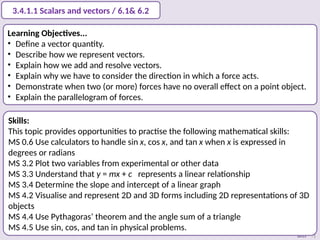 Animated Science
2015
3.4.1.1 Scalars and vectors / 6.1& 6.2
Learning Objectives...
• Define a vector quantity.
• Describe how we represent vectors.
• Explain how we add and resolve vectors.
• Explain why we have to consider the direction in which a force acts.
• Demonstrate when two (or more) forces have no overall effect on a point object.
• Explain the parallelogram of forces.
Skills:
This topic provides opportunities to practise the following mathematical skills:
MS 0.6 Use calculators to handle sin x, cos x, and tan x when x is expressed in
degrees or radians
MS 3.2 Plot two variables from experimental or other data
MS 3.3 Understand that y = mx + c represents a linear relationship
MS 3.4 Determine the slope and intercept of a linear graph
MS 4.2 Visualise and represent 2D and 3D forms including 2D representations of 3D
objects
MS 4.4 Use Pythagoras’ theorem and the angle sum of a triangle
MS 4.5 Use sin, cos, and tan in physical problems.
 