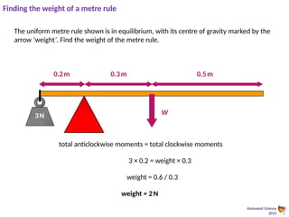 Animated Science
2015
0.2m
3N
The uniform metre rule shown is in equilibrium, with its centre of gravity marked by the
arrow ‘weight’. Find the weight of the metre rule.
0.3m 0.5m
W
total anticlockwise moments = total clockwise moments
3 × 0.2 = weight × 0.3
weight = 0.6 / 0.3
weight = 2N
Finding the weight of a metre rule
 