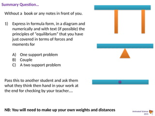 Animated Science
2015
Summary Question…
Without a book or any notes in front of you.
1) Express in formula form, in a diagram and
numerically and with text (if possible) the
principles of “equilibrium” that you have
just covered in terms of forces and
moments for
A) One support problem
B) Couple
C) A two support problem
Pass this to another student and ask them
what they think then hand in your work at
the end for checking by your teacher….
NB: You will need to make up your own weights and distances
 