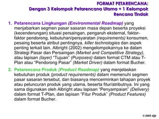 FORMAT PETARENCANA: Dengan 3 Kelompok Petarencana Utama + 1 Kelompok Rencana Tindak Petarencana Lingkungan  (Environmental Roadmap)  yang menjabarkan segmen pasar sasaran masa depan beserta proyeksi (kecenderungan) situasi persaingan, pengaruh eksternal, faktor-faktor pendorong, kebutuhan/persyaratan  (requirements)  konsumen, pesaing beserta atribut pentingnya,  killer technologies  dan aspek penting terkait lain. Albright (2002) mengelompokannya ke dalam Strategi Pasar dan Persaingan  (Market and Competitive Strategy) , atau lapisan  (layer)  Tujuan  (Purposes)  dalam format CTM atau T-Plan atau Pendorong Pasar  (Market Driver)  dalam format Bucher. Petarencana Produk  (Product Roadmap)  yang menjelaskan kebutuhan produk  (product requirements)  dalam memenuhi segmen pasar sasaran tersebut, dan biasanya mencerminkan tahapan proyek atau peluncuran produk yang utama, beserta fitur/atributnya. Ini yang sama digunakan oleh Albright atau lapisan Penyampaian  (Delivery)  dalam format T-Plan, dan lapisan Fitur Produk  (Product Features)  dalam format Bucher. 