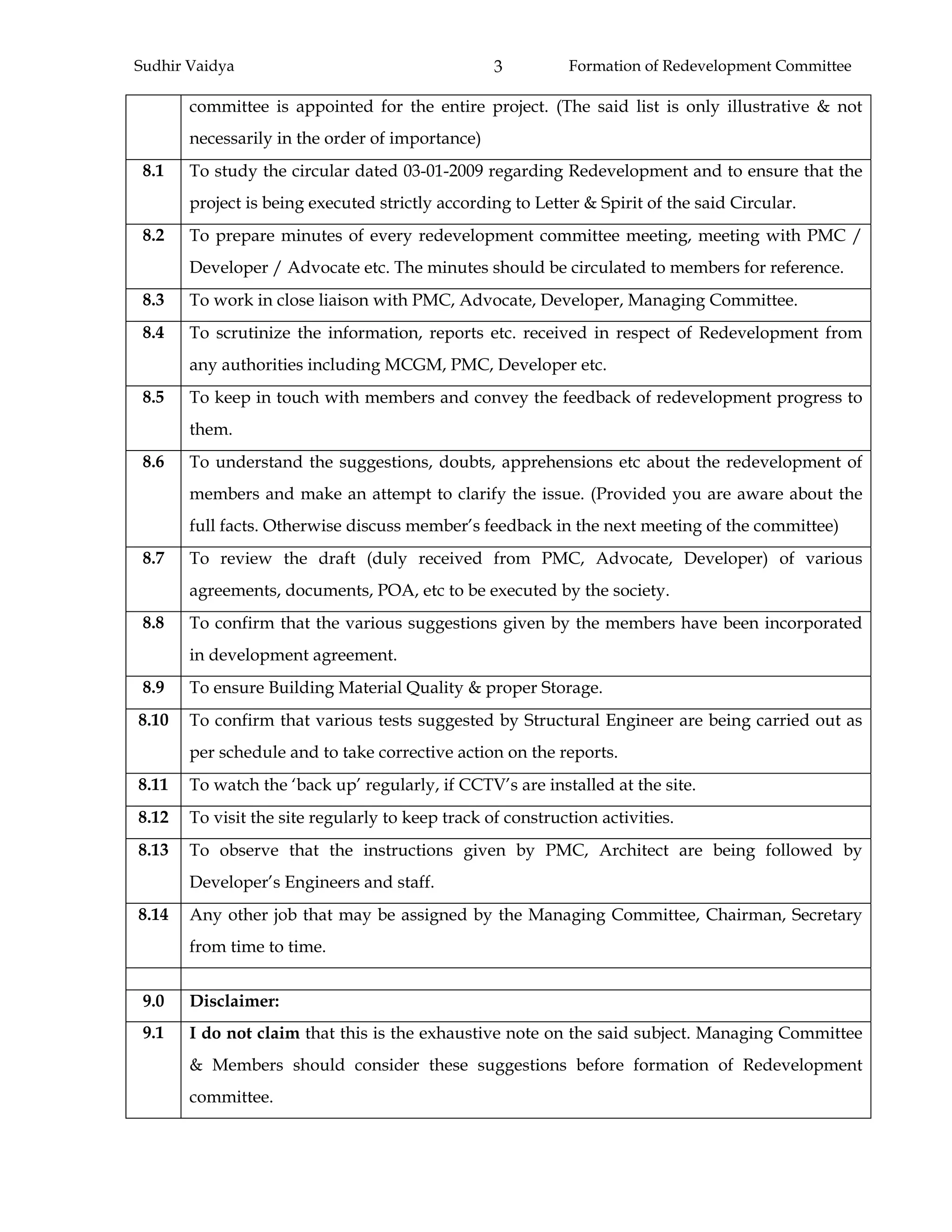 Sudhir Vaidya Formation of Redevelopment Committee3
committee is appointed for the entire project. (The said list is only illustrative & not
necessarily in the order of importance)
8.1 To study the circular dated 03-01-2009 regarding Redevelopment and to ensure that the
project is being executed strictly according to Letter & Spirit of the said Circular.
8.2 To prepare minutes of every redevelopment committee meeting, meeting with PMC /
Developer / Advocate etc. The minutes should be circulated to members for reference.
8.3 To work in close liaison with PMC, Advocate, Developer, Managing Committee.
8.4 To scrutinize the information, reports etc. received in respect of Redevelopment from
any authorities including MCGM, PMC, Developer etc.
8.5 To keep in touch with members and convey the feedback of redevelopment progress to
them.
8.6 To understand the suggestions, doubts, apprehensions etc about the redevelopment of
members and make an attempt to clarify the issue. (Provided you are aware about the
full facts. Otherwise discuss member’s feedback in the next meeting of the committee)
8.7 To review the draft (duly received from PMC, Advocate, Developer) of various
agreements, documents, POA, etc to be executed by the society.
8.8 To confirm that the various suggestions given by the members have been incorporated
in development agreement.
8.9 To ensure Building Material Quality & proper Storage.
8.10 To confirm that various tests suggested by Structural Engineer are being carried out as
per schedule and to take corrective action on the reports.
8.11 To watch the ‘back up’ regularly, if CCTV’s are installed at the site.
8.12 To visit the site regularly to keep track of construction activities.
8.13 To observe that the instructions given by PMC, Architect are being followed by
Developer’s Engineers and staff.
8.14 Any other job that may be assigned by the Managing Committee, Chairman, Secretary
from time to time.
9.0 Disclaimer:
9.1 I do not claim that this is the exhaustive note on the said subject. Managing Committee
& Members should consider these suggestions before formation of Redevelopment
committee.
 