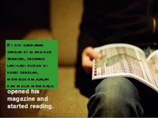 Di sisi sandaran tangan di mana kue terletak, seorang laki-laki duduk di kursi sebelah, membuka majalah dan mulai membaca 
