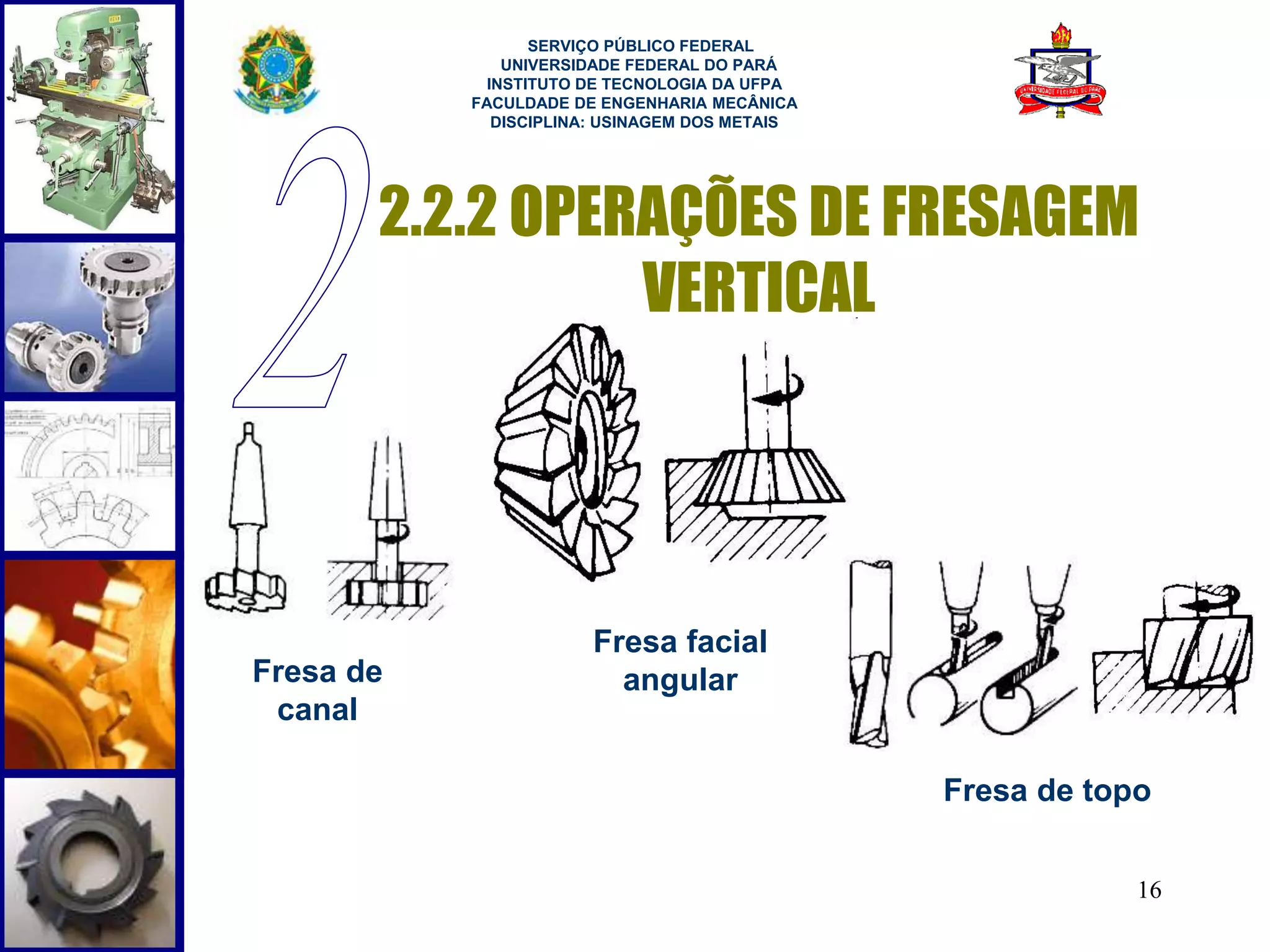SERVIÇO PÚBLICO FEDERAL 
UNIVERSIDADE FEDERAL DO PARÁ 
INSTITUTO DE TECNOLOGIA DA UFPA 
FACULDADE DE ENGENHARIA MECÂNICA 
DISCIPLINA: USINAGEM DOS METAIS 
2.2.2 OPERAÇÕES DE FRESAGEM 
16 
VERTICAL 
Fresa de 
canal 
Fresa facial 
angular 
Fresa de topo 
 
