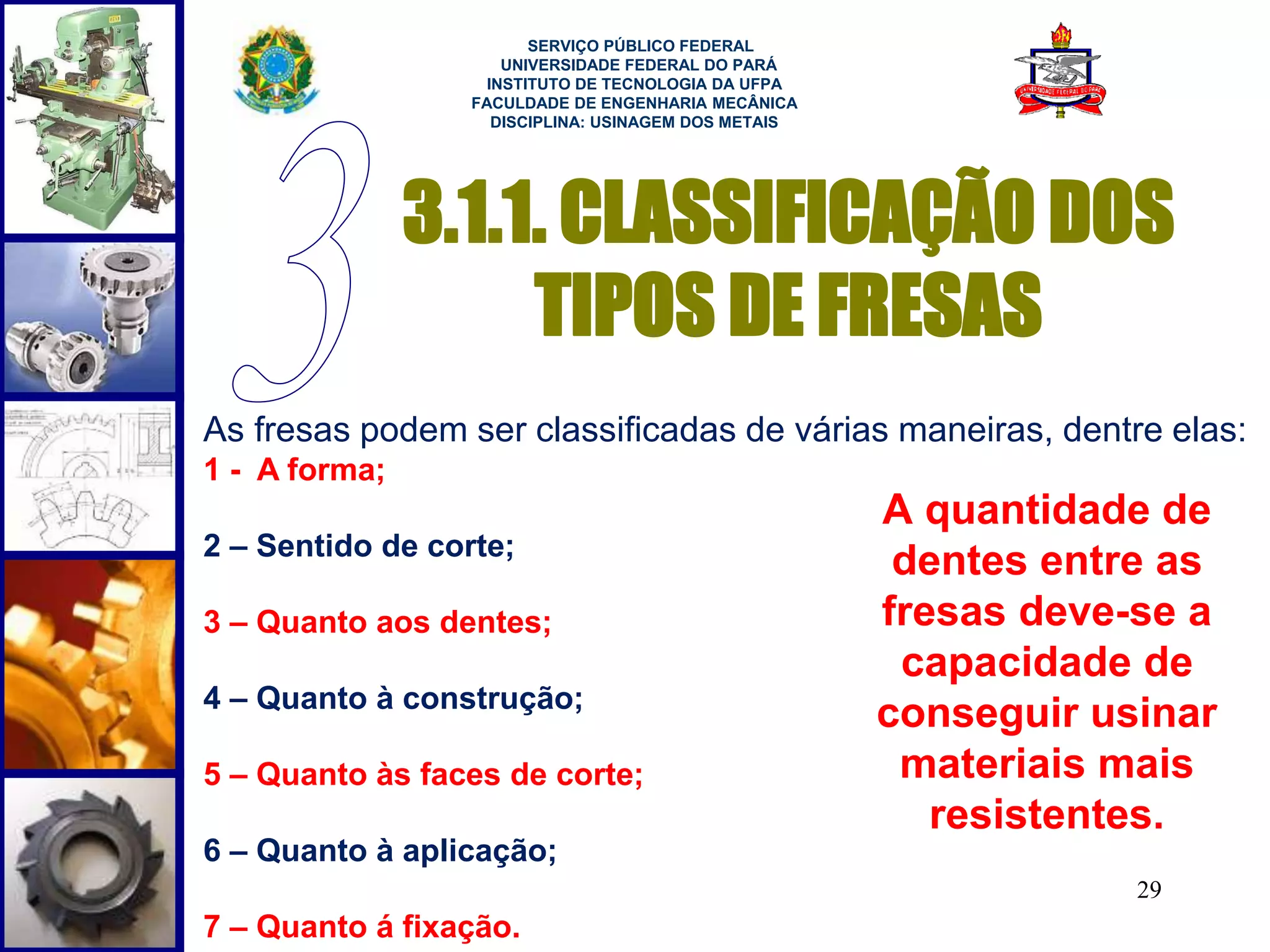 3.1.1. CLASSIFICAÇÃO DOS 
29 
TIPOS DE FRESAS 
As fresas podem ser classificadas de várias maneiras, dentre elas: 
1 - A forma; 
2 – Sentido de corte; 
3 – Quanto aos dentes; 
4 – Quanto à construção; 
5 – Quanto às faces de corte; 
6 – Quanto à aplicação; 
7 – Quanto á fixação. 
SERVIÇO PÚBLICO FEDERAL 
UNIVERSIDADE FEDERAL DO PARÁ 
INSTITUTO DE TECNOLOGIA DA UFPA 
FACULDADE DE ENGENHARIA MECÂNICA 
DISCIPLINA: USINAGEM DOS METAIS 
A quantidade de 
dentes entre as 
fresas deve-se a 
capacidade de 
conseguir usinar 
materiais mais 
resistentes. 
 