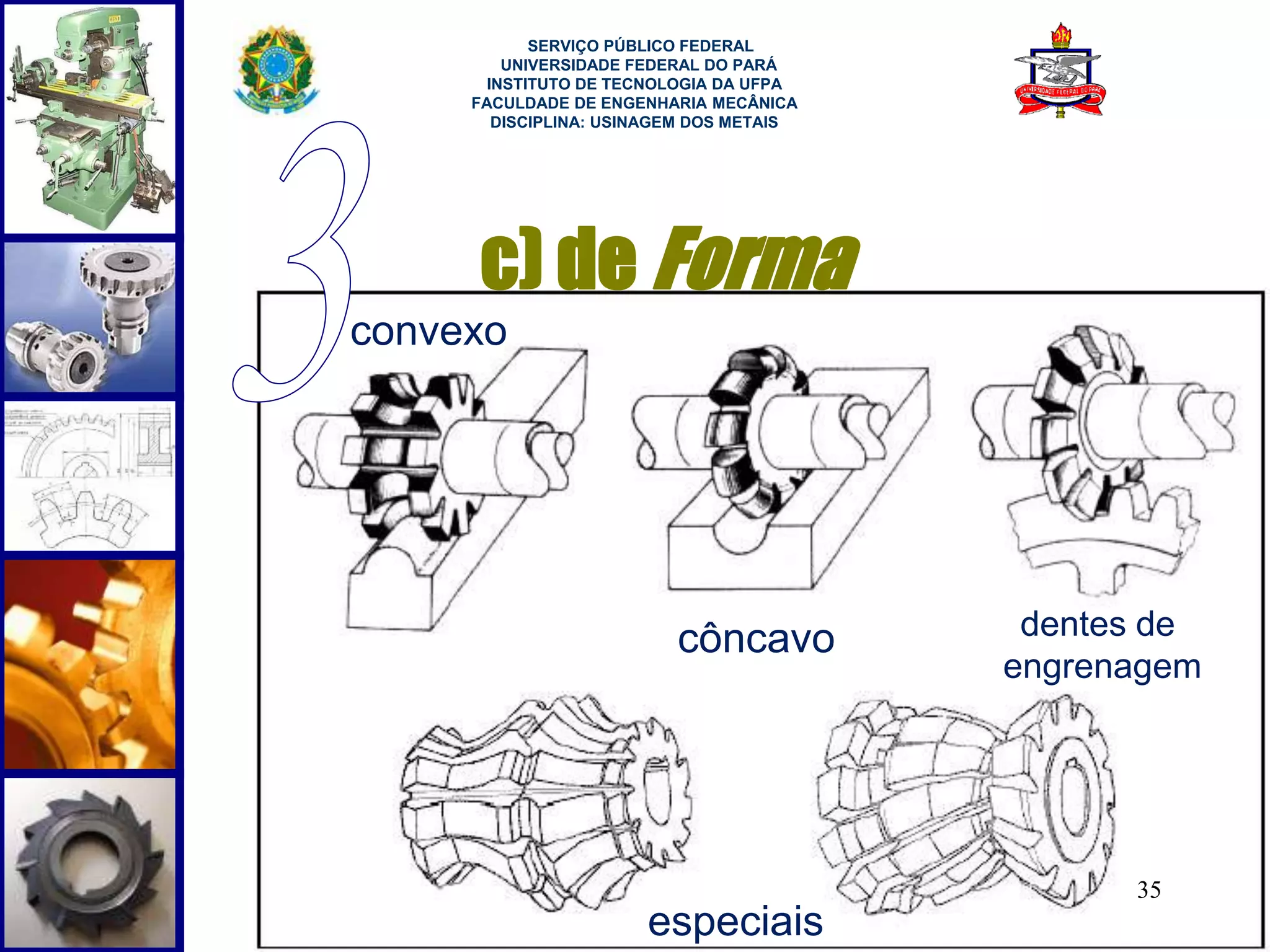 35 
SERVIÇO PÚBLICO FEDERAL 
UNIVERSIDADE FEDERAL DO PARÁ 
INSTITUTO DE TECNOLOGIA DA UFPA 
FACULDADE DE ENGENHARIA MECÂNICA 
DISCIPLINA: USINAGEM DOS METAIS 
c) de Forma 
convexo 
côncavo dentes de 
engrenagem 
especiais 
 