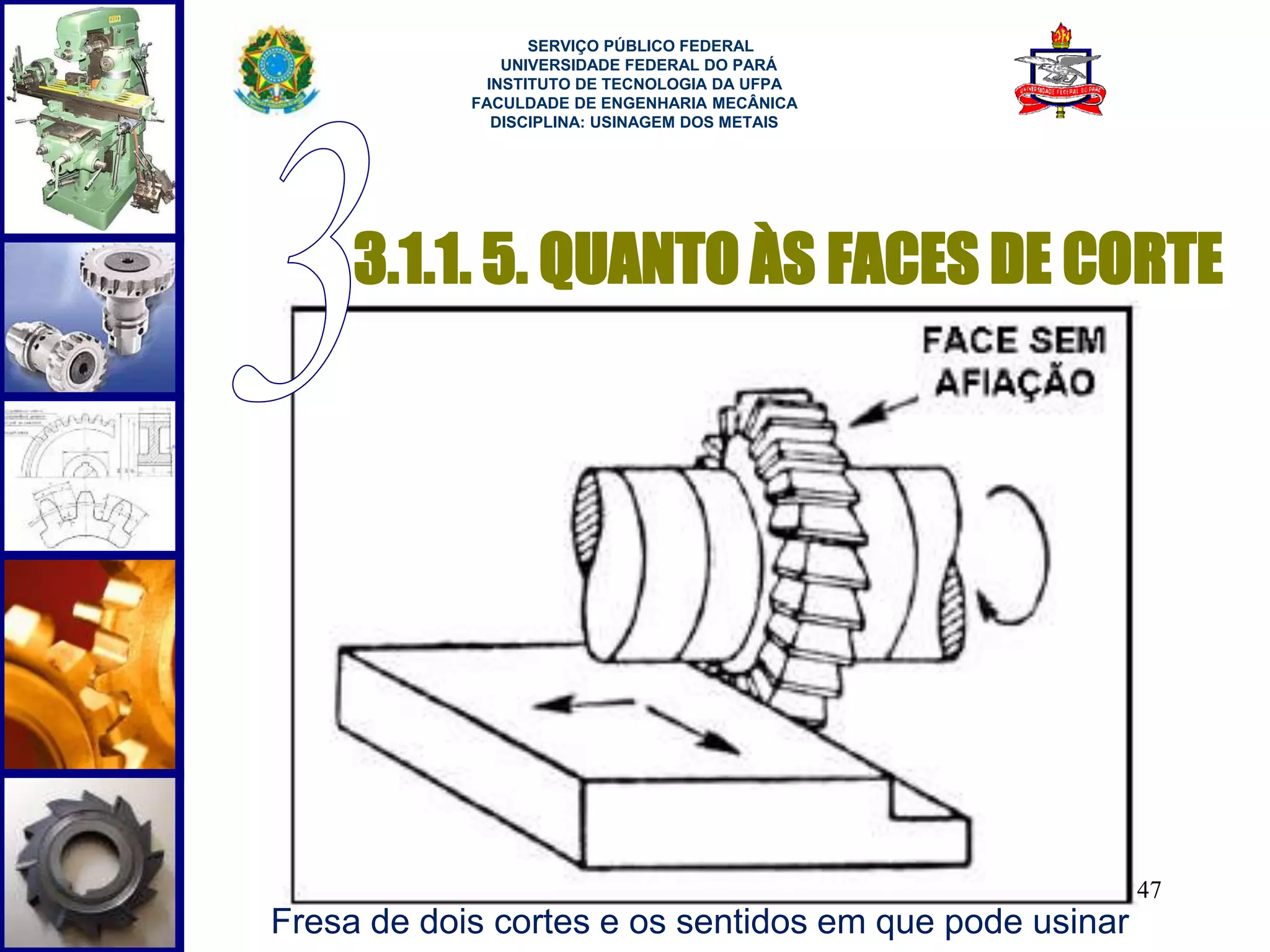 3.1.1. 5. QUANTO ÀS FACES DE CORTE 
47 
SERVIÇO PÚBLICO FEDERAL 
UNIVERSIDADE FEDERAL DO PARÁ 
INSTITUTO DE TECNOLOGIA DA UFPA 
FACULDADE DE ENGENHARIA MECÂNICA 
DISCIPLINA: USINAGEM DOS METAIS 
Fresa de dois cortes e os sentidos em que pode usinar 
 