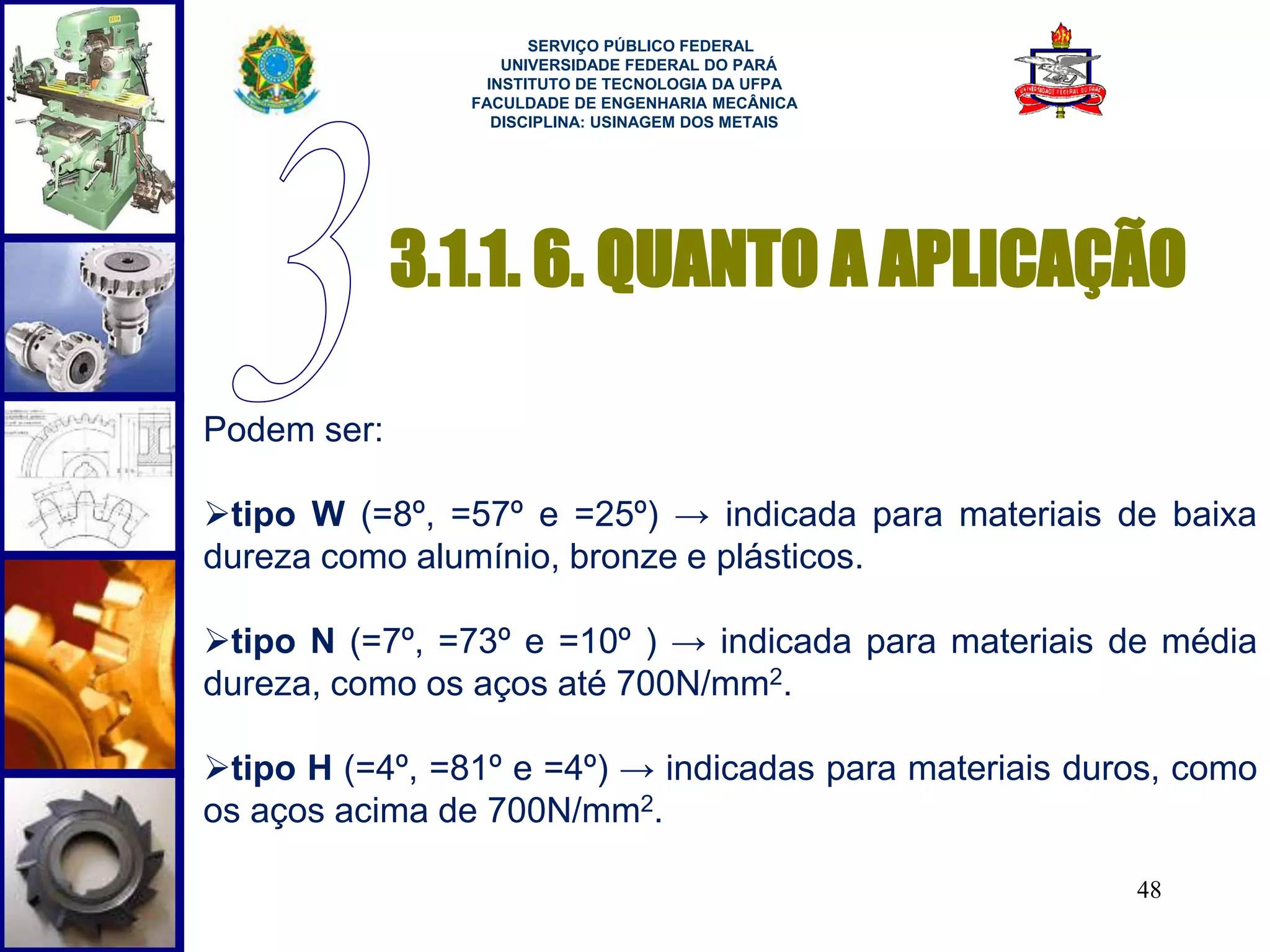 SERVIÇO PÚBLICO FEDERAL 
UNIVERSIDADE FEDERAL DO PARÁ 
INSTITUTO DE TECNOLOGIA DA UFPA 
FACULDADE DE ENGENHARIA MECÂNICA 
DISCIPLINA: USINAGEM DOS METAIS 
3.1.1. 6. QUANTO A APLICAÇÃO 
48 
Podem ser: 
tipo W (=8º, =57º e =25º) → indicada para materiais de baixa 
dureza como alumínio, bronze e plásticos. 
tipo N (=7º, =73º e =10º ) → indicada para materiais de média 
dureza, como os aços até 700N/mm2. 
tipo H (=4º, =81º e =4º) → indicadas para materiais duros, como 
os aços acima de 700N/mm2. 
 