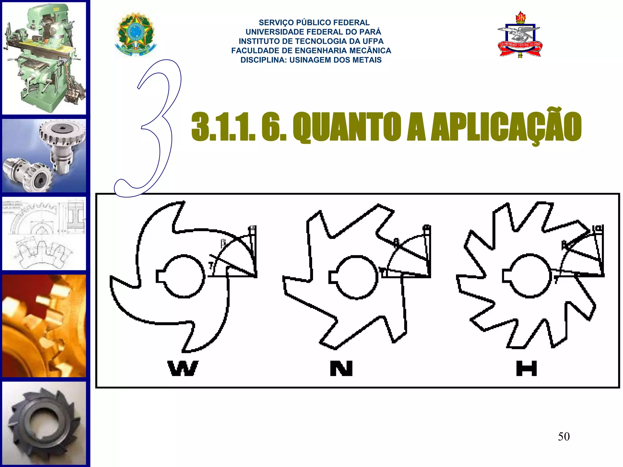 3.1.1. 6. QUANTO A APLICAÇÃO 
50 
SERVIÇO PÚBLICO FEDERAL 
UNIVERSIDADE FEDERAL DO PARÁ 
INSTITUTO DE TECNOLOGIA DA UFPA 
FACULDADE DE ENGENHARIA MECÂNICA 
DISCIPLINA: USINAGEM DOS METAIS 
 