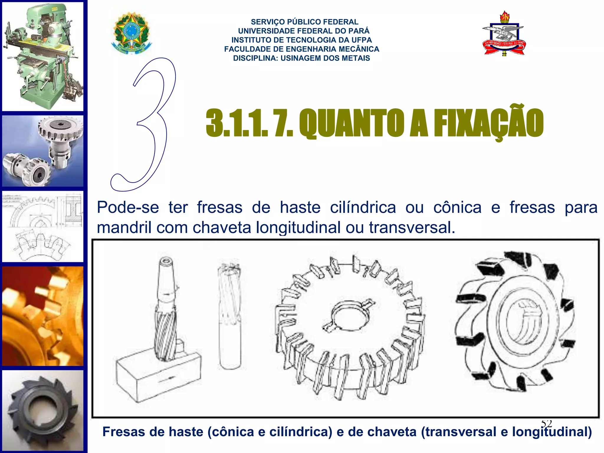 3.1.1. 7. QUANTO A FIXAÇÃO 
52 
SERVIÇO PÚBLICO FEDERAL 
UNIVERSIDADE FEDERAL DO PARÁ 
INSTITUTO DE TECNOLOGIA DA UFPA 
FACULDADE DE ENGENHARIA MECÂNICA 
DISCIPLINA: USINAGEM DOS METAIS 
Pode-se ter fresas de haste cilíndrica ou cônica e fresas para 
mandril com chaveta longitudinal ou transversal. 
Fresas de haste (cônica e cilíndrica) e de chaveta (transversal e longitudinal) 
 