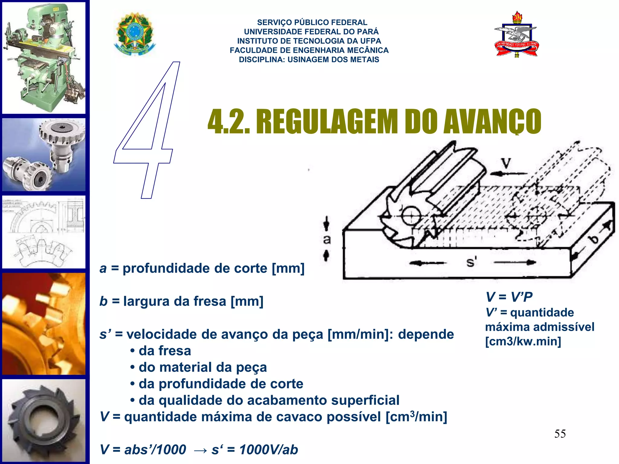 55 
SERVIÇO PÚBLICO FEDERAL 
UNIVERSIDADE FEDERAL DO PARÁ 
INSTITUTO DE TECNOLOGIA DA UFPA 
FACULDADE DE ENGENHARIA MECÂNICA 
DISCIPLINA: USINAGEM DOS METAIS 
4.2. REGULAGEM DO AVANÇO 
a = profundidade de corte [mm] 
b = largura da fresa [mm] 
s’ = velocidade de avanço da peça [mm/min]: depende 
• da fresa 
• do material da peça 
• da profundidade de corte 
• da qualidade do acabamento superficial 
V = quantidade máxima de cavaco possível [cm3/min] 
V = abs’/1000 → s‘ = 1000V/ab 
V = V’P 
V’ = quantidade 
máxima admissível 
[cm3/kw.min] 
 