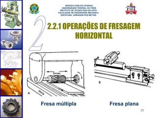 13 
SERVIÇO PÚBLICO FEDERAL 
UNIVERSIDADE FEDERAL DO PARÁ 
INSTITUTO DE TECNOLOGIA DA UFPA 
FACULDADE DE ENGENHARIA MECÂNICA 
DISCIPLINA: USINAGEM DOS METAIS 
2.2.1 OPERAÇÕES DE FRESAGEM 
HORIZONTAL 
Fresa múltipla Fresa plana 
 