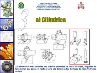 31 
SERVIÇO PÚBLICO FEDERAL 
UNIVERSIDADE FEDERAL DO PARÁ 
INSTITUTO DE TECNOLOGIA DA UFPA 
FACULDADE DE ENGENHARIA MECÂNICA 
DISCIPLINA: USINAGEM DOS METAIS 
a) Cilíndrica 
As ferramentas mais estreitas são também chamadas de fresas de disco, enquanto as 
ferramentas que possuem haste própria são denominadas de fresas de haste ou fresas 
de topo 
 